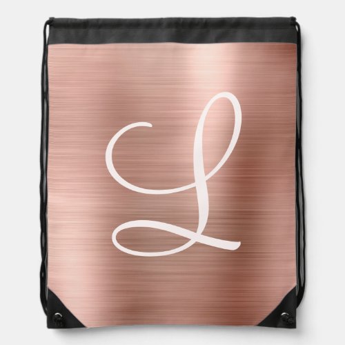 Chic Rose Gold Brushed Metal Pink Monogram Drawstring Bag