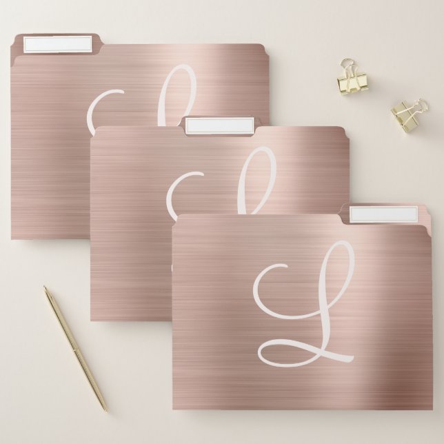 Chic Rose Gold Brushed Metal Pink Monogram File Folder (Set)