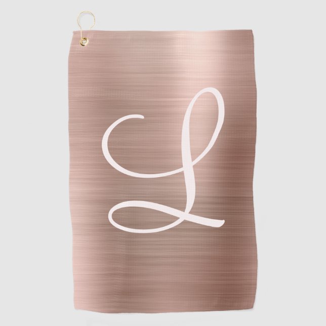 Chic Rose Gold Brushed Metal Pink Monogram Golf Towel (Front)