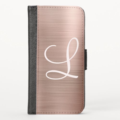 Chic Rose Gold Brushed Metal Pink Monogram iPhone X Wallet Case