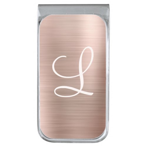 Chic Rose Gold Brushed Metal Pink Monogram Silver Finish Money Clip