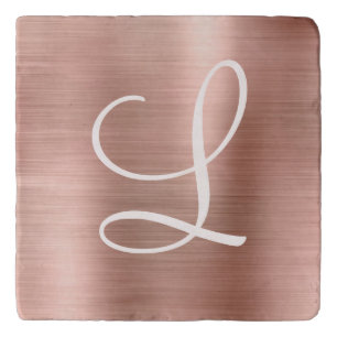 Chic Rose Gold Brushed Metal Pink Monogram Trivet