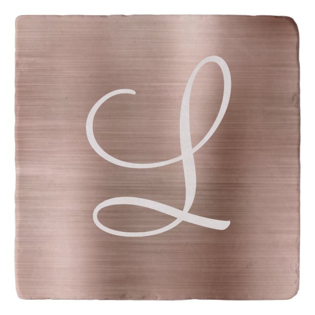 Chic Rose Gold Brushed Metal Pink Monogram Trivet (Front)