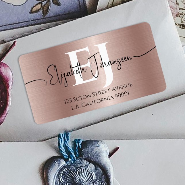 Chic Rose Gold Brushed Metal Script Name Monogram Label (Creator Uploaded)