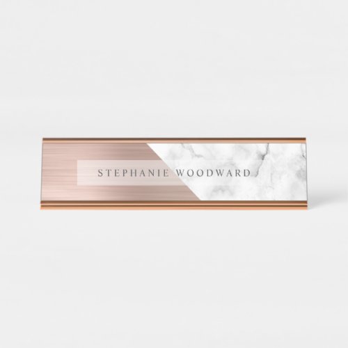 Chic Rose Gold Brushed Metal White Marble Desk Name Plate