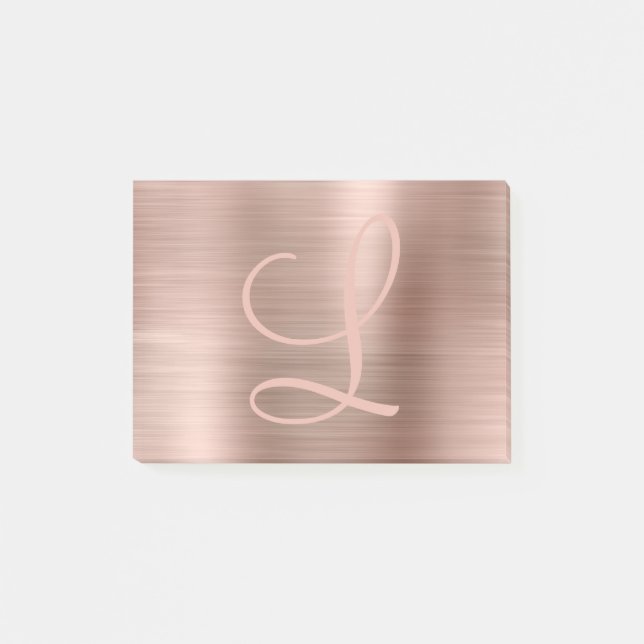 Chic Rose Gold Brushed Metallic Monogram Script Post-it Notes (Front)
