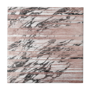 Chic Rose Gold Brushstrokes on Black White Marble Ceramic Tile