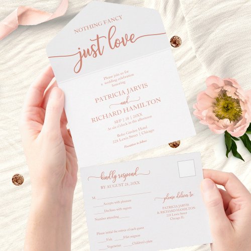 Chic Rose Gold Calligraphy Casual Wedding All In One Invitation