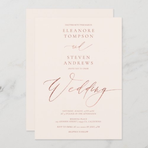 Chic rose gold calligraphy pastel blush wedding invitation