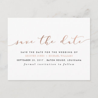 Chic Rose Gold Calligraphy Save the Date Announcement Postcard