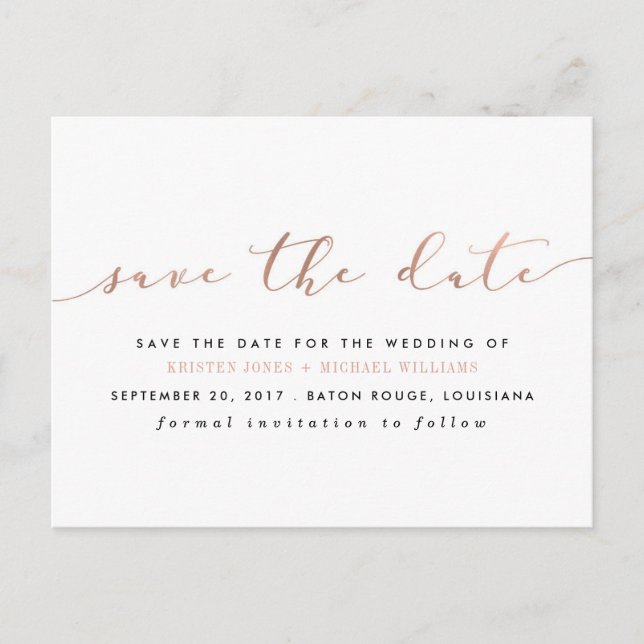 Chic Rose Gold Calligraphy Save the Date Announcement Postcard (Front)