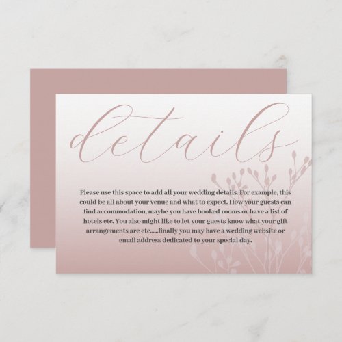 Chic Rose Gold  Calligraphy Wedding Details Enclosure Card