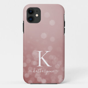 Chic Rose Gold Champagne Sparkle Bokeh Monogram iPhone 11 Case