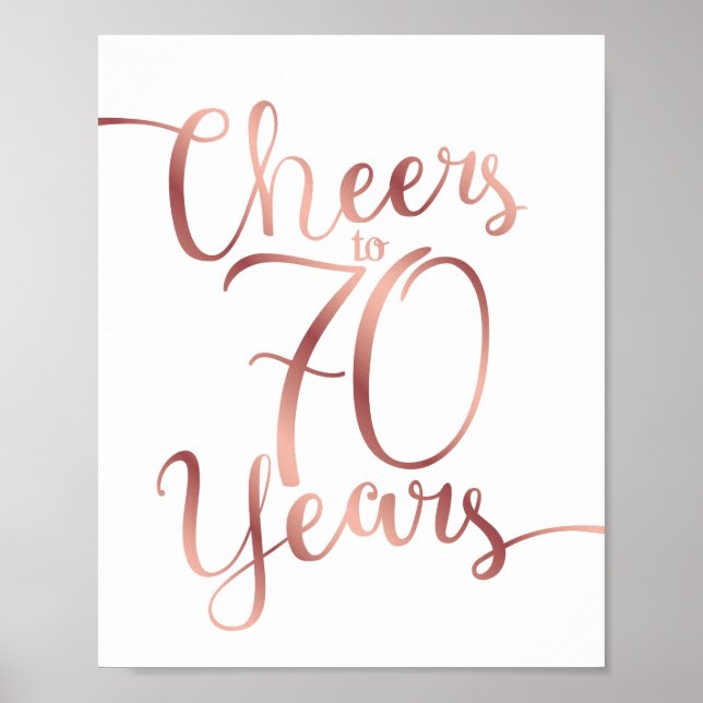 Chic Rose Gold CHEERS TO 70 YEARS Sign Print (Front)