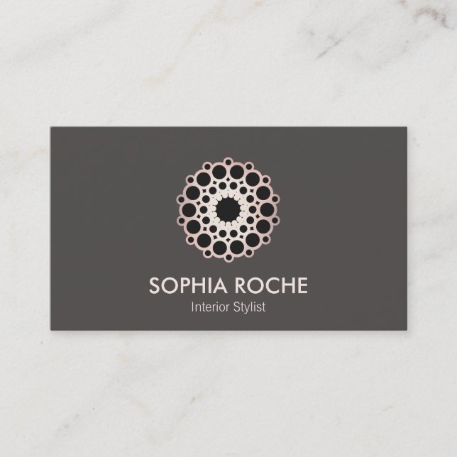 Chic Rose Gold Circle Mandala Taupe Designer Business Card (Front)