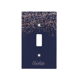 Chic Rose gold confetti monogram on navy blue Light Switch Cover