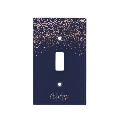 Chic Rose gold confetti monogram on navy blue Light Switch Cover