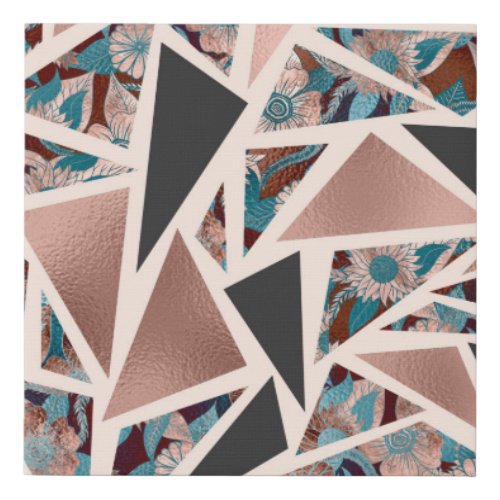 Chic Rose Gold Copper Teal Black Floral Geometric Faux Canvas Print