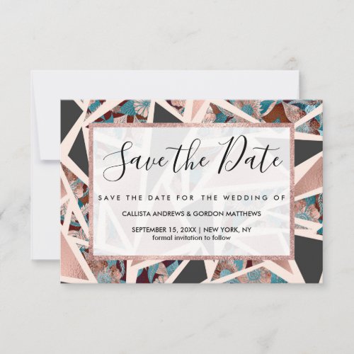Chic Rose Gold Copper Teal Black Floral Geometric Save The Date