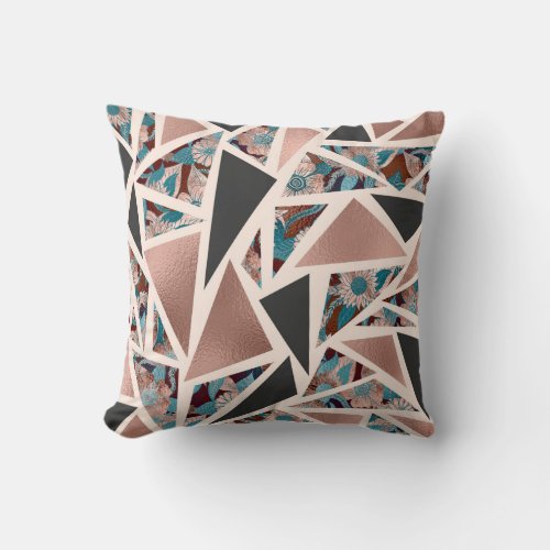 Chic Rose Gold Copper Teal Black Floral Geometric Throw Pillow