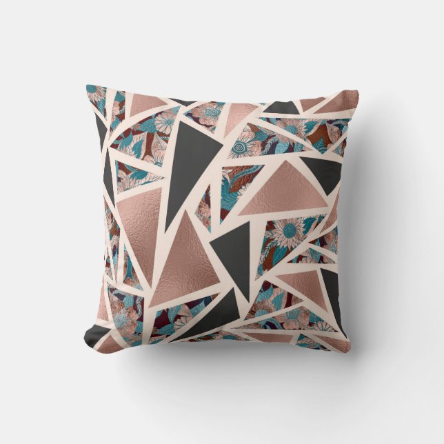 Chic Rose Gold Copper Teal Black Floral Geometric Throw Pillow (Front)