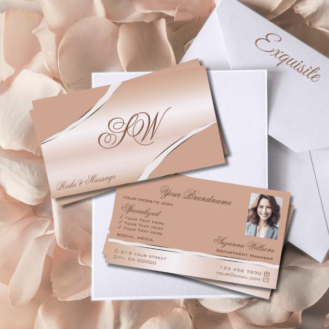 Chic Rose Gold Coral Curved Lines Monogram Photo Business Card (Creator Uploaded)