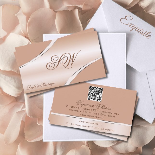 Chic Rose Gold Coral Curved Lines Monogram QR Code Business Card (Creator Uploaded)