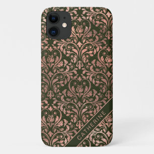 Chic Rose Gold Damask Personalized Name iPhone 11 Case