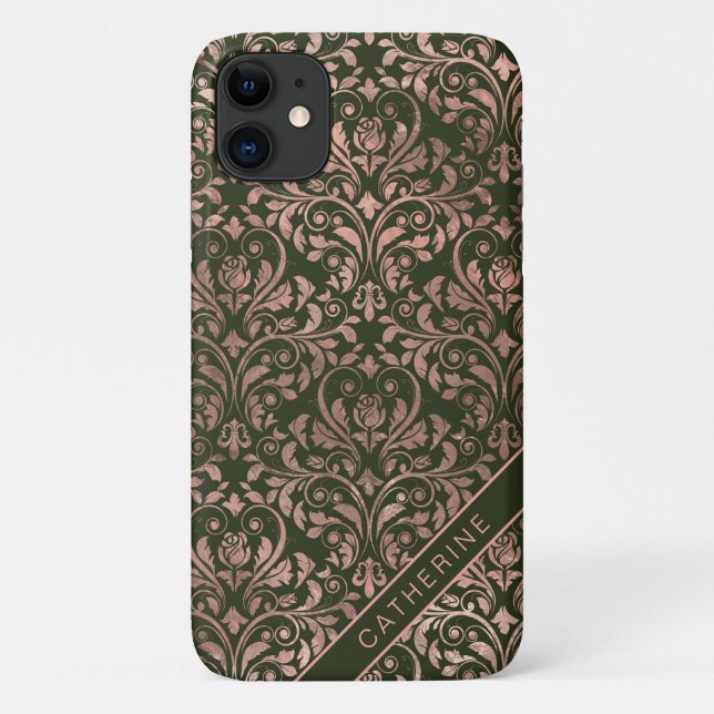 Chic Rose Gold Damask Personalized Name Case-Mate iPhone Case (Back)