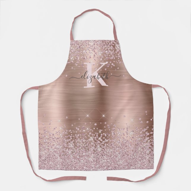 Chic Rose Gold Diamond Glitter Monogrammed Apron (Front)
