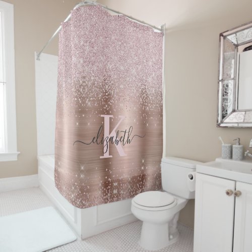 Chic Rose Gold Diamond Glitter Monogrammed Shower Curtain