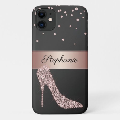 Chic Rose Gold Diamond High Heel Shoe Name Black iPhone 11 Case