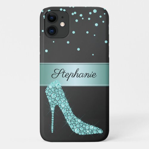 Chic Rose Gold Diamond High Heel Shoe Name Black iPhone 11 Case