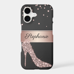 Chic Rose Gold Diamond High Heel Shoe Name Black iPhone 17 Case