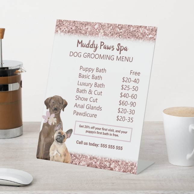Chic Rose Gold Dog Grooming Menu Customizable Pedestal Sign (In SItu)