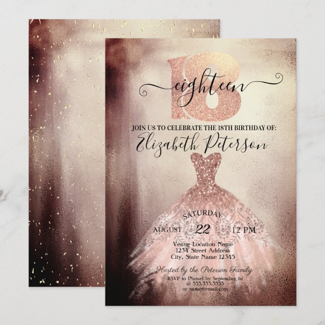 Chic Rose Gold Dress Confetti 18th Birthday Invitation (Front/Back)