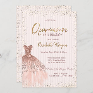 Chic Rose Gold Dress Confetti Stripes Quinceañera Invitation