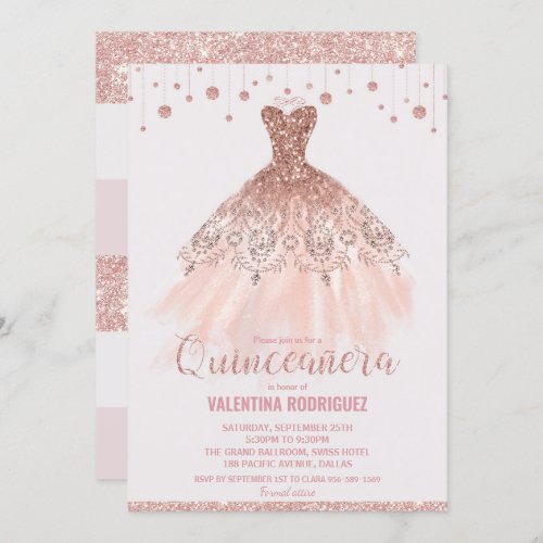 Chic Rose Gold Dress Quinceaera 15th Birthday Invitation