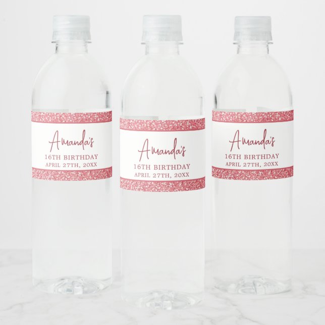 Chic Rose Gold Drip Glitter Sweet 16 Birthday Water Bottle Label (Bottles)