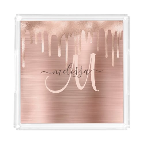 Chic Rose Gold Dripping Brushed Metal Blush Script Acrylic Tray