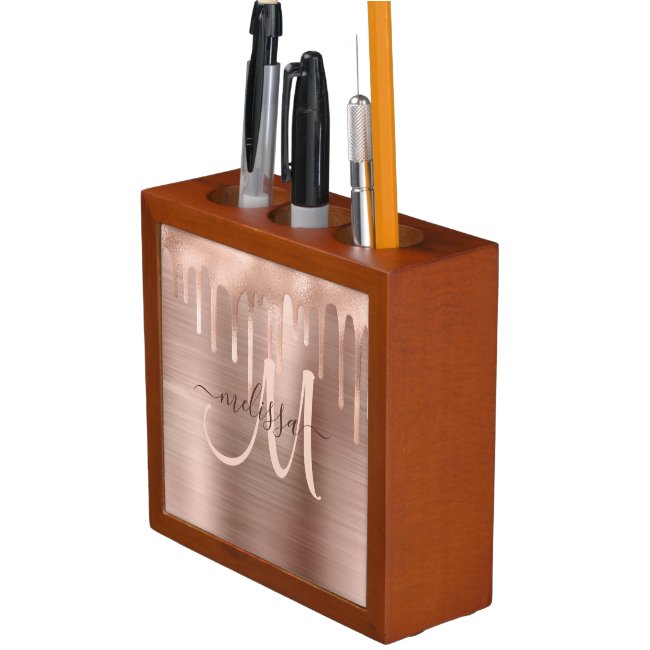 Chic Rose Gold Dripping Brushed Metal Blush Script Desk Organizer