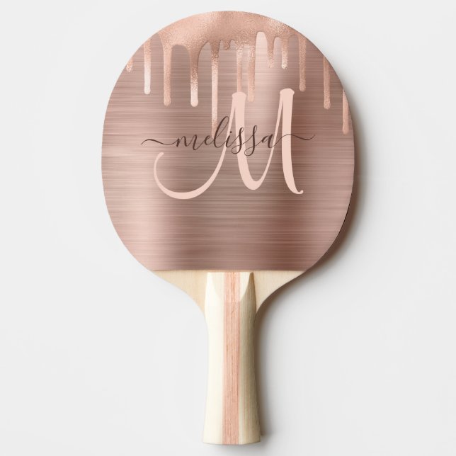Chic Rose Gold Dripping Brushed Metal Blush Script Ping Pong Paddle (Front)