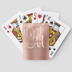 Chic Rose Gold Dripping Brushed Metal Blush Script Poker Cards