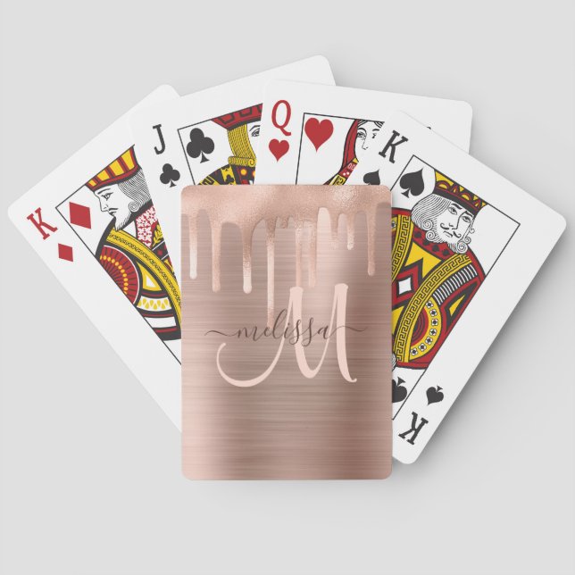 Chic Rose Gold Dripping Brushed Metal Blush Script Poker Cards (Back)