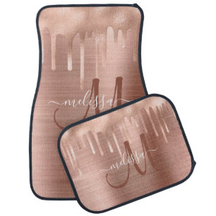 Chic Rose Gold Dripping Brushed Metal Monogram Car Floor Mat