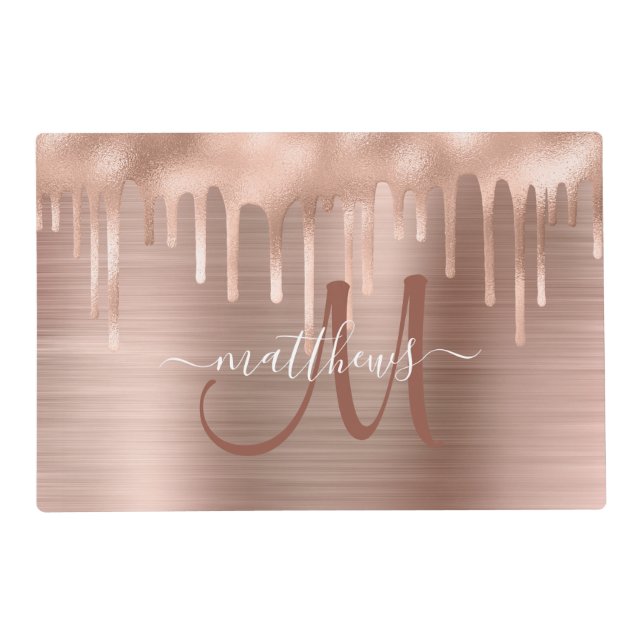 Chic Rose Gold Dripping Brushed Metal Monogram Placemat (Front)