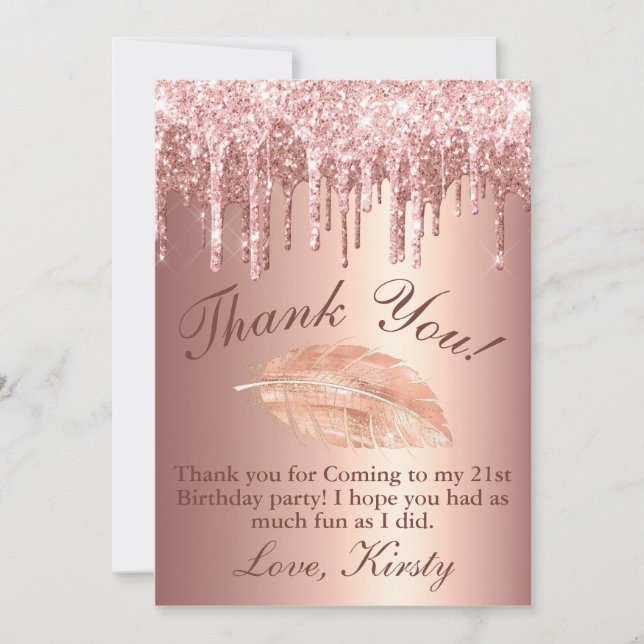 Chic Rose Gold Dripping Glitter Birthday Thank You Card (Front)