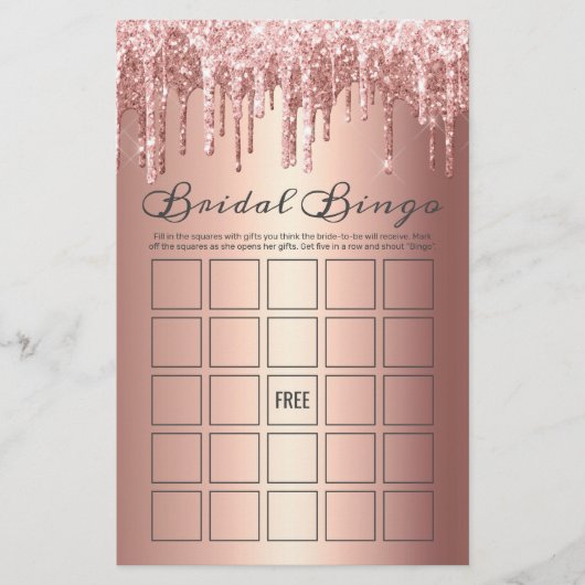 Chic Rose Gold Dripping Glitter Bridal Bingo Game (Front)
