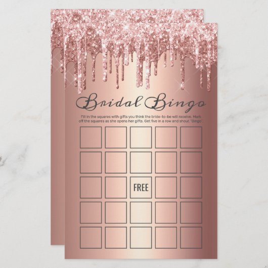 Chic Rose Gold Dripping Glitter Bridal Bingo Game (Front/Back)