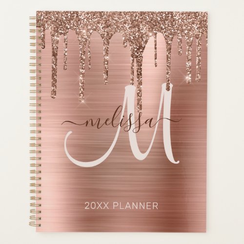 Chic Rose Gold Dripping Glitter Brushed Metal 2024 Planner